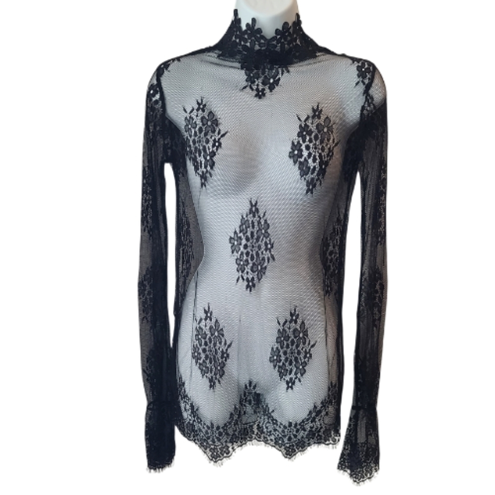Sheer Lace Mesh Top Blouse Shirt Size Medium Whimsigoth Romantic Gothic Disco